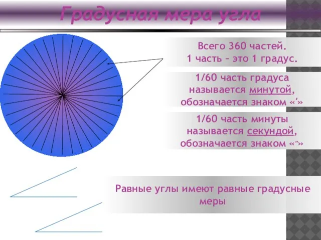 Градусная мера угла Всего 360 частей. 1 часть – это 1 градус.