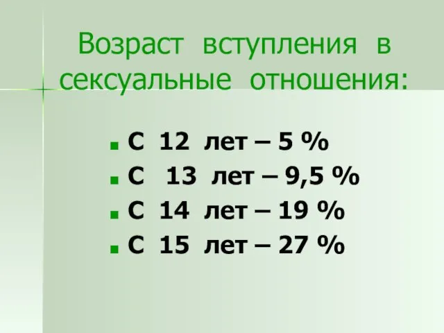 Возраст вступления в сексуальные отношения: С 12 лет – 5 % С