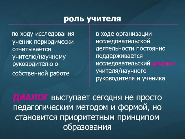 роль учителя по ходу исследования ученик периодически отчитывается учителю/научному руководителю о собственной