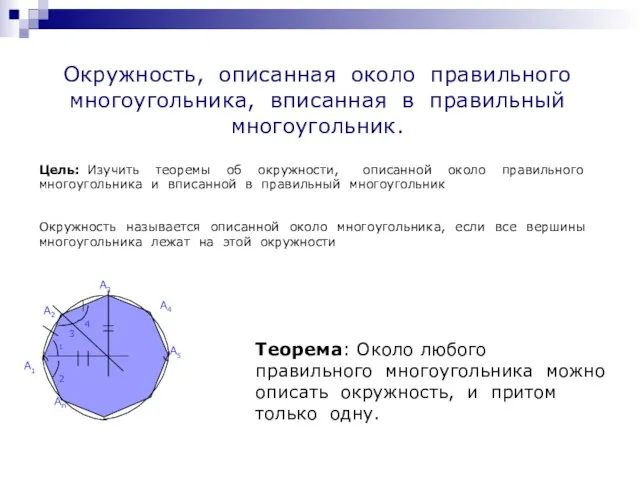 Окружность, описанная около правильного многоугольника, вписанная в правильный многоугольник. Цель: Изучить теоремы