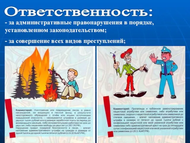 Ответственность: - за административные правонарушения в порядке, установленном законодательством; - за совершение всех видов преступлений;