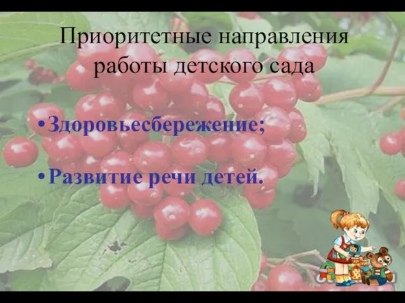 Приоритетные направления работы детского сада Здоровьесбережение; Развитие речи детей.