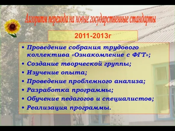 Алгоритм перехода на новые государственные стандарты 2011-2013г Проведение собрания трудового коллектива «Ознакомление