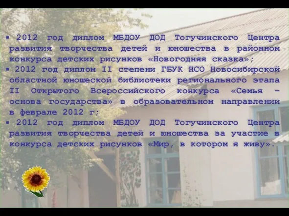 2012 год диплом МБДОУ ДОД Тогучинского Центра развития творчества детей и юношества