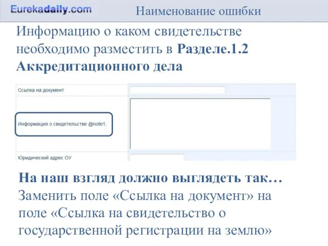 Наименование ошибки Информацию о каком свидетельстве необходимо разместить в Разделе.1.2 Аккредитационного дела