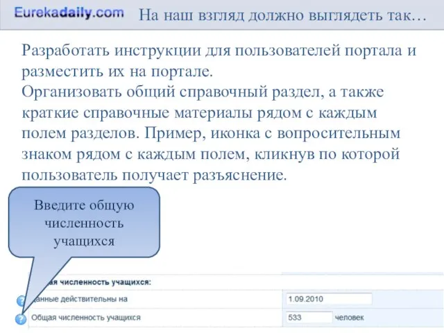 На наш взгляд должно выглядеть так… Разработать инструкции для пользователей портала и