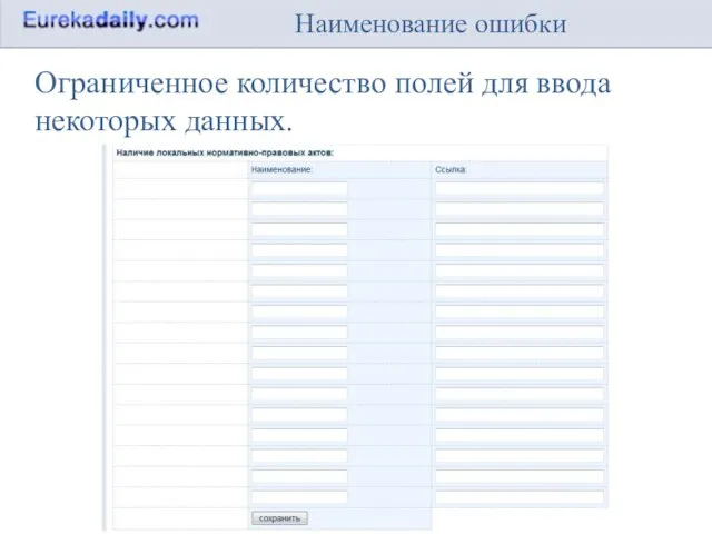 Наименование ошибки Ограниченное количество полей для ввода некоторых данных.