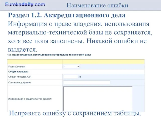 Наименование ошибки Раздел 1.2. Аккредитационного дела Информация о праве владения, использования материально-технической