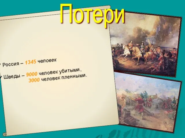 Россия – 1345 человек Шведы – 9000 человек убитыми, 3000 человек пленными. Потери