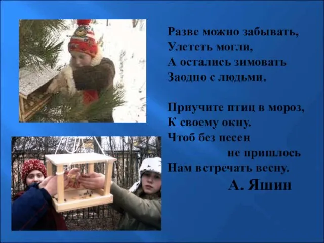 Разве можно забывать, Улететь могли, А остались зимовать Заодно с людьми. Приучите