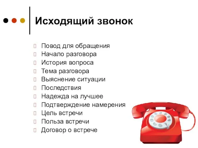 Исходящий звонок Повод для обращения Начало разговора История вопроса Тема разговора Выяснение