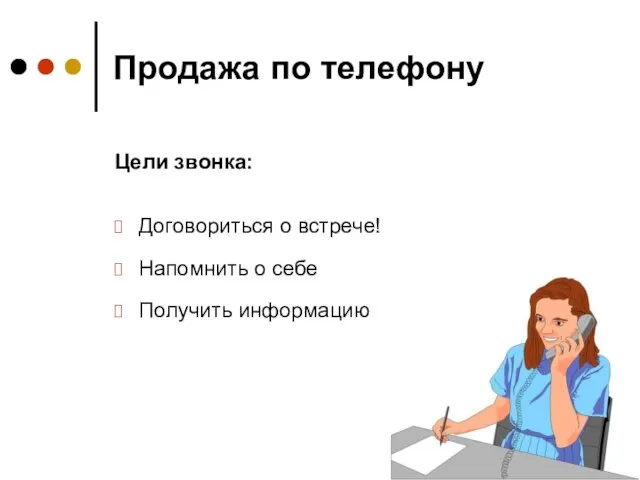 Продажа по телефону Договориться о встрече! Напомнить о себе Получить информацию Цели звонка: