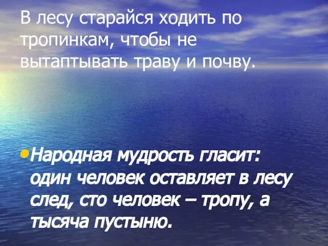 В лесу старайся ходить по тропинкам, чтобы не вытаптывать траву и почву.