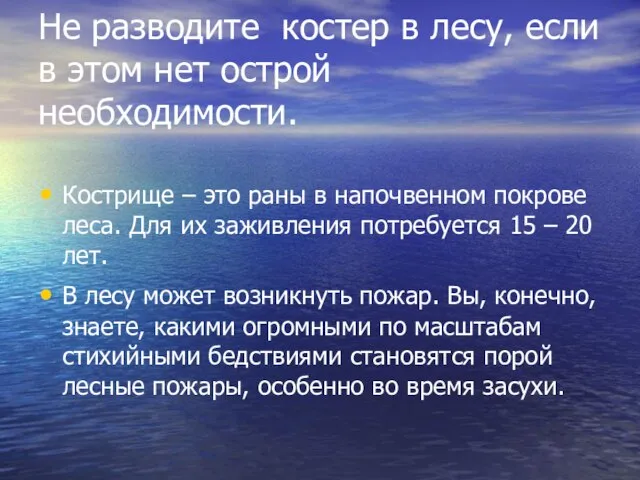 Не разводите костер в лесу, если в этом нет острой необходимости. Кострище