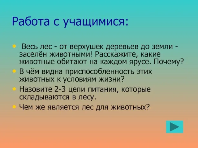 Работа с учащимися: Весь лес - от верхушек деревьев до земли -