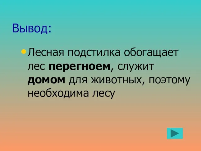 Вывод: Лесная подстилка обогащает лес перегноем, служит домом для животных, поэтому необходима лесу