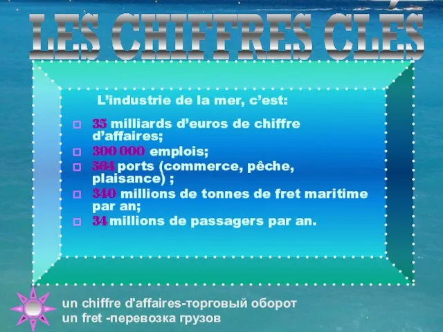 LES CHIFFRES CLÉS L’industrie de la mer, c’est: 35 milliards d’euros de