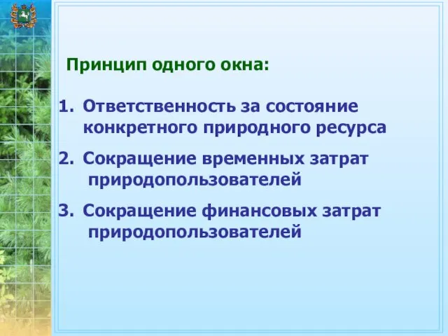 Принцип одного окна: Ответственность за состояние конкретного природного ресурса Сокращение временных затрат