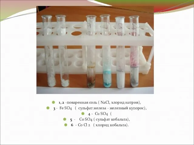 1, 2 -поваренная соль ( NaCl, хлорид натрия), 3 - Fe SO4