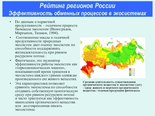 По данным о первичной продуктивности – годичном приросте биомассы экосистем (Виноградов, Мартынов,