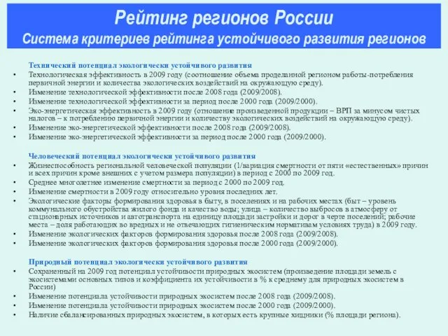 Технический потенциал экологически устойчивого развития Технологическая эффективность в 2009 году (соотношение объема