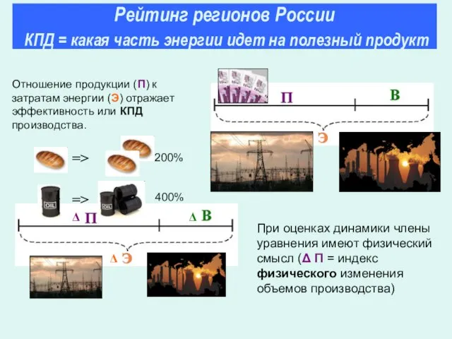 Отношение продукции (П) к затратам энергии (Э) отражает эффективность или КПД производства.