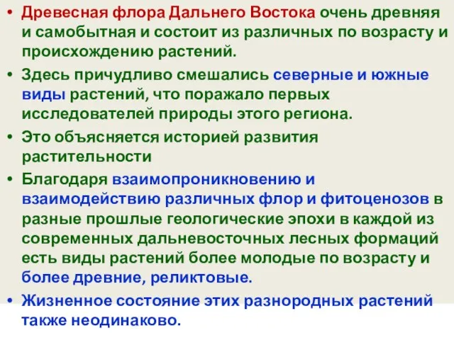 Древесная флора Дальнего Востока очень древняя и самобытная и состоит из различных