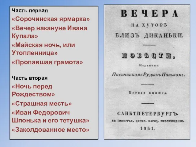 Часть первая «Сорочинская ярмарка» «Вечер накануне Ивана Купала» «Майская ночь, или Утопленница»