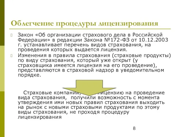 Облегчение процедуры лицензирования Закон «Об организации страхового дела в Российской Федерации» в