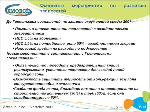 Vitry-sur-Seine - 15 octobre 2009 P. Основные мероприятия по развитию теплосетей До