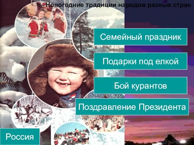 Семейный праздник Подарки под елкой Бой курантов Поздравление Президента Россия Новогодние традиции народов разных стран