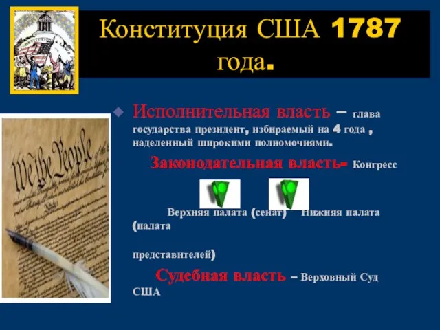 Конституция США 1787 года. Исполнительная власть – глава государства президент, избираемый на