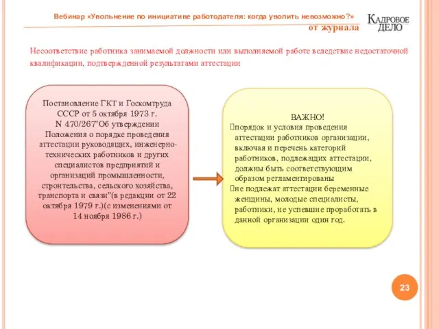 Несоответствие работника занимаемой должности или выполняемой работе вследствие недостаточной квалификации, подтвержденной результатами