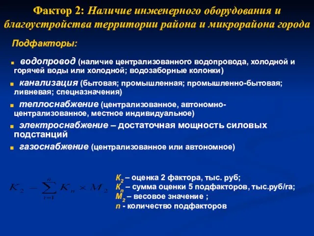 Фактор 2: Наличие инженерного оборудования и благоустройства территории района и микрорайона города