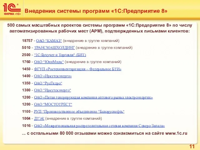 Внедрения системы программ «1С:Предприятие 8» 500 самых масштабных проектов системы программ «1С:Предприятие