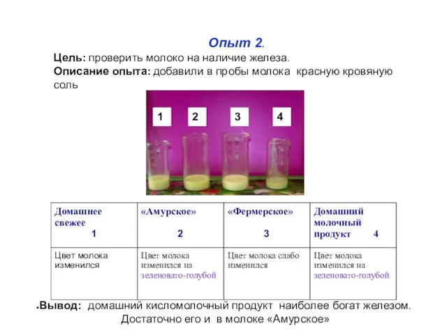 Опыт 2. Цель: проверить молоко на наличие железа. Описание опыта: добавили в