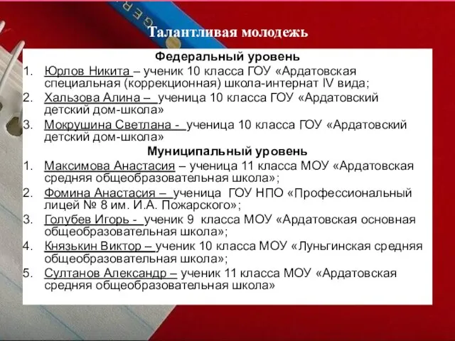 Талантливая молодежь Федеральный уровень Юрлов Никита – ученик 10 класса ГОУ «Ардатовская