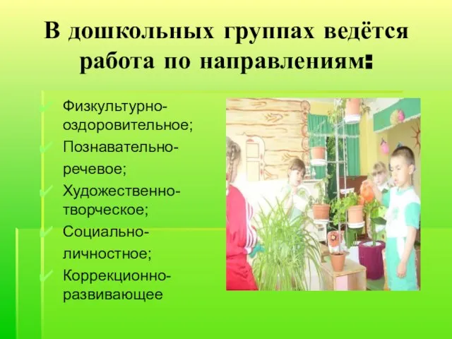 В дошкольных группах ведётся работа по направлениям: Физкультурно-оздоровительное; Познавательно- речевое; Художественно-творческое; Социально- личностное; Коррекционно-развивающее