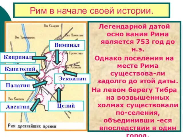 Рим в начале своей истории. Легендарной датой осно вания Рима является 753