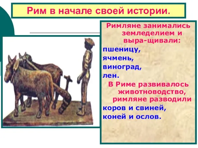 Рим в начале своей истории. Римляне занимались земледелием и выра-щивали: пшеницу, ячмень,