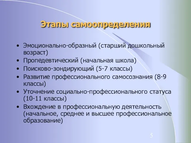 Этапы самоопределения Эмоционально-образный (старший дошкольный возраст) Пропедевтический (начальная школа) Поисково-зондирующий (5-7 классы)