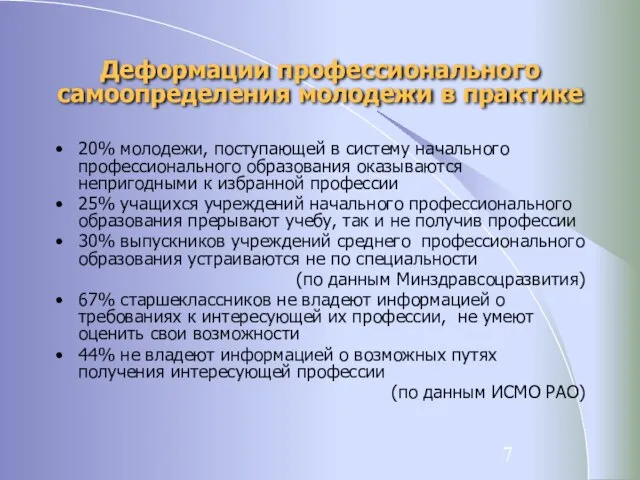 Деформации профессионального самоопределения молодежи в практике 20% молодежи, поступающей в систему начального