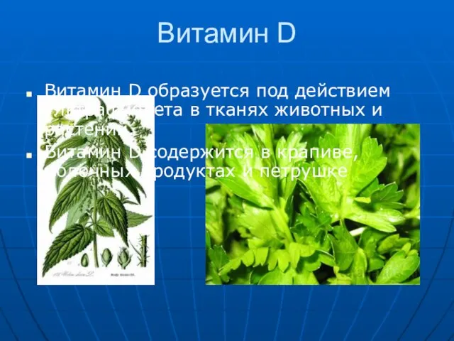 Витамин D Витамин D образуется под действием ультрафиолета в тканях животных и