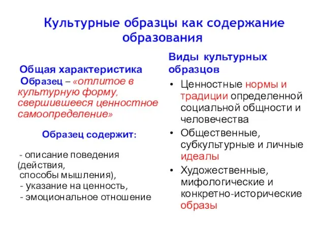 Культурные образцы как содержание образования Общая характеристика Образец – «отлитое в культурную