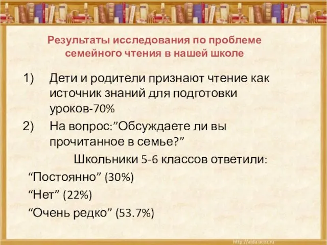 Результаты исследования по проблеме семейного чтения в нашей школе Дети и родители