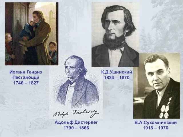 Иоганн Генрих Песталоцци 1746 – 1827 Адольф Дистервег 1790 – 1866 К.Д.Ушинский