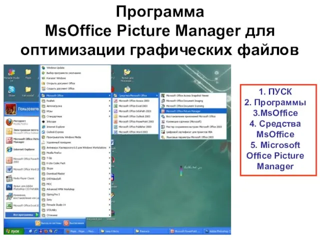 Программа MsOffice Picture Manager для оптимизации графических файлов 1. ПУСК 2. Программы