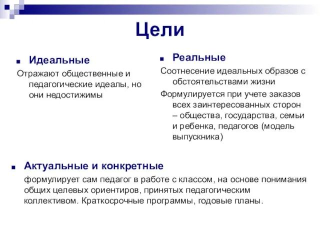 Цели Идеальные Отражают общественные и педагогические идеалы, но они недостижимы Реальные Соотнесение