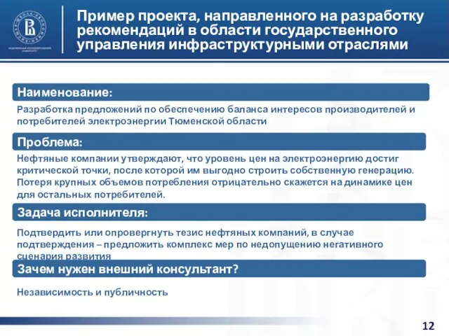 Пример проекта, направленного на разработку рекомендаций в области государственного управления инфраструктурными отраслями