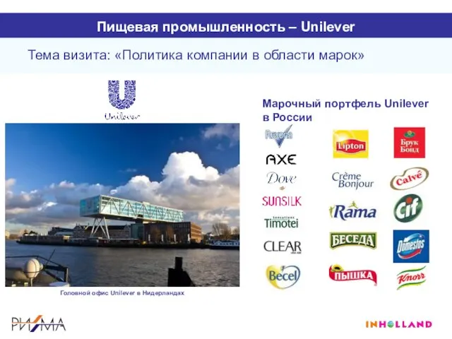 Пищевая промышленность – Unilever Марочный портфель Unilever в России Тема визита: «Политика